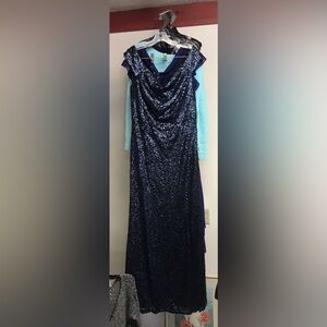 Dessy Collection Off the Shoulder Blue Formal Sparkle Dress